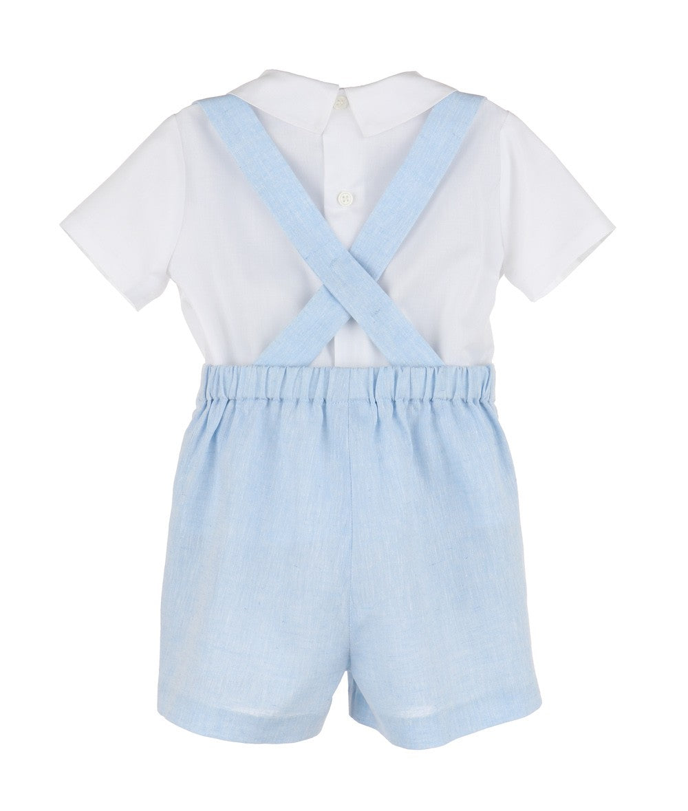 Luli & Me Boys Suspender Shorts Set - Light Blue with Smocked White Shirt by Luli & Me