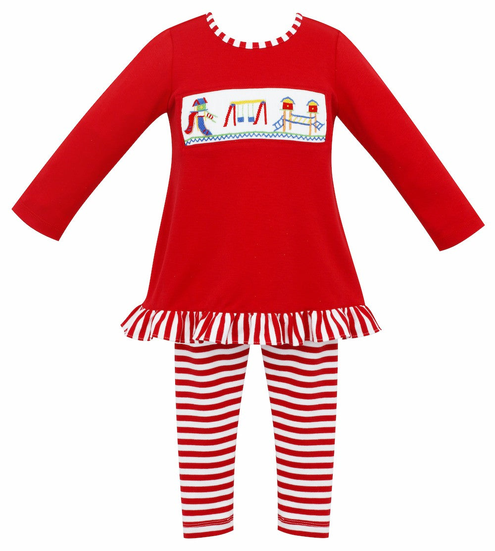 Anavini Girls Red Striped Leggings Set - Smocked School Playground