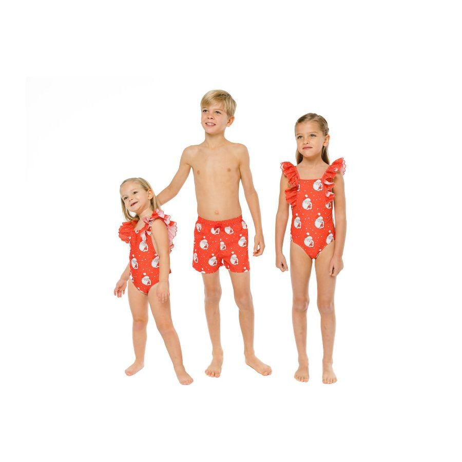 Sal & Pimenta Girls Christmas Swimsuit - Back Bow - Red Santa Glows