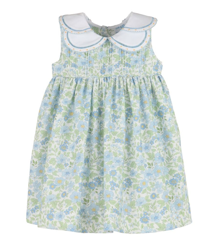 Luli & Me Girls Ocean Blue Floral Sleeveless Dress - Embroidered Petal Collar