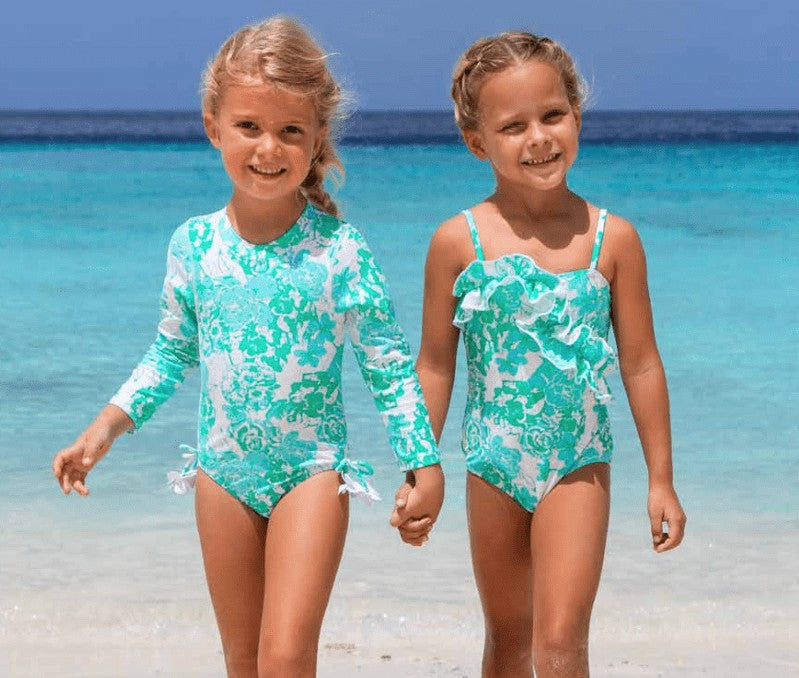Shade Critters Girls One Piece Long Sleeve Swimsuit - Aqua Mermaid Toile