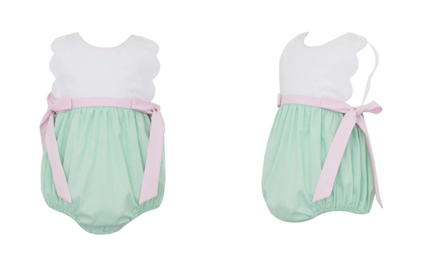 Petit Bebe Baby Girls Green Gingham Scallop Bubble - Pink Side Bows