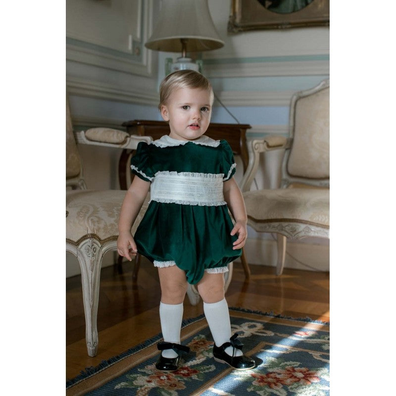 Sal & Pimenta Girls Bubble - Royal Emerald Green Velvet with Ivory Cummerbund Waist
