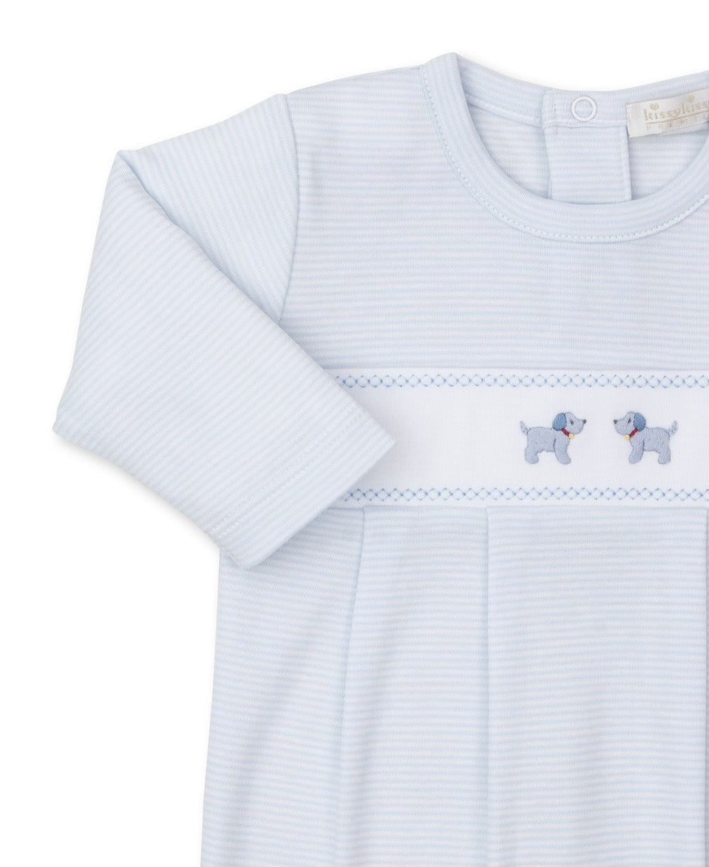 Kissy Kissy Baby Boys Light Blue Stripe Footie - Embroidered Puppy Dogs