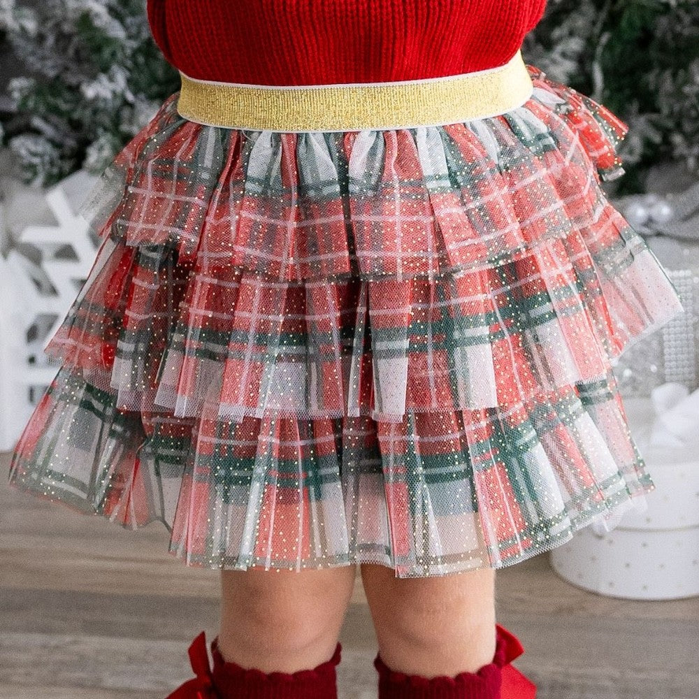Sweet Wink Girls Tiered Tutu Skirt - Red Christmas Plaid