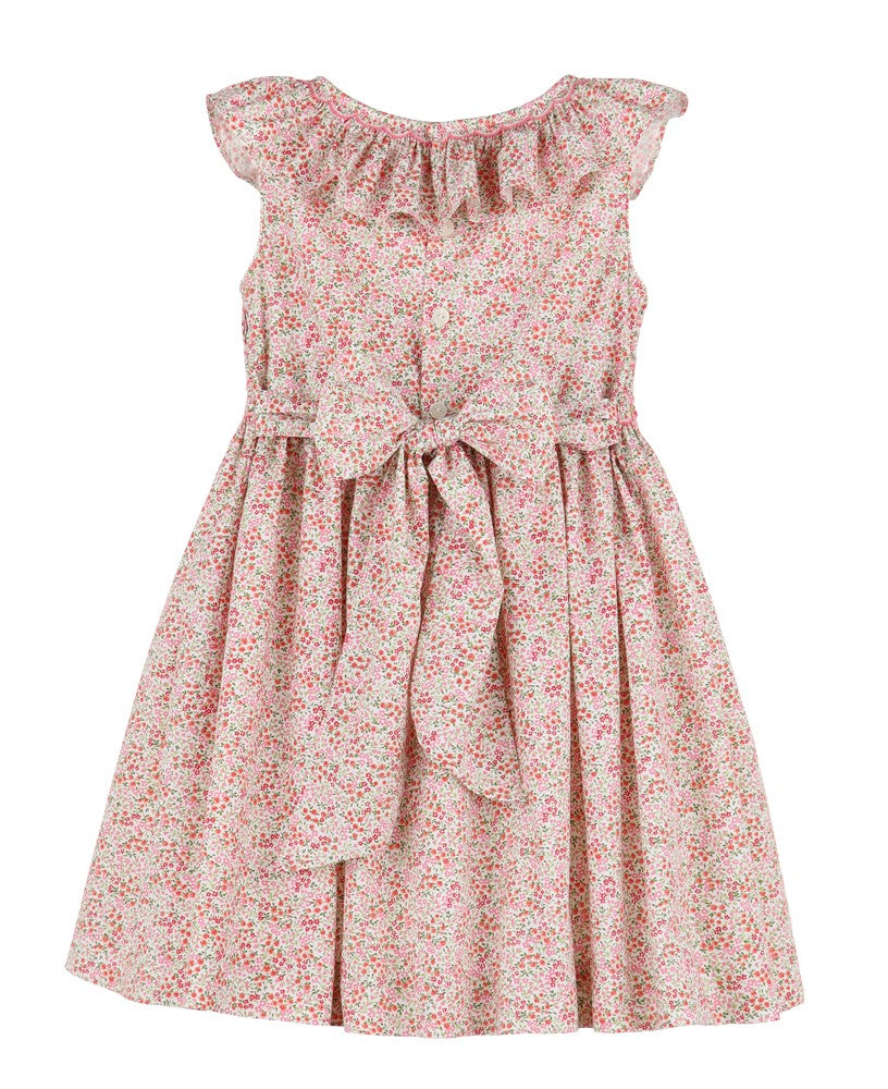 Luli & Me Girls Tiny Floral Smocked Dress with Ruffle Neck - Pink