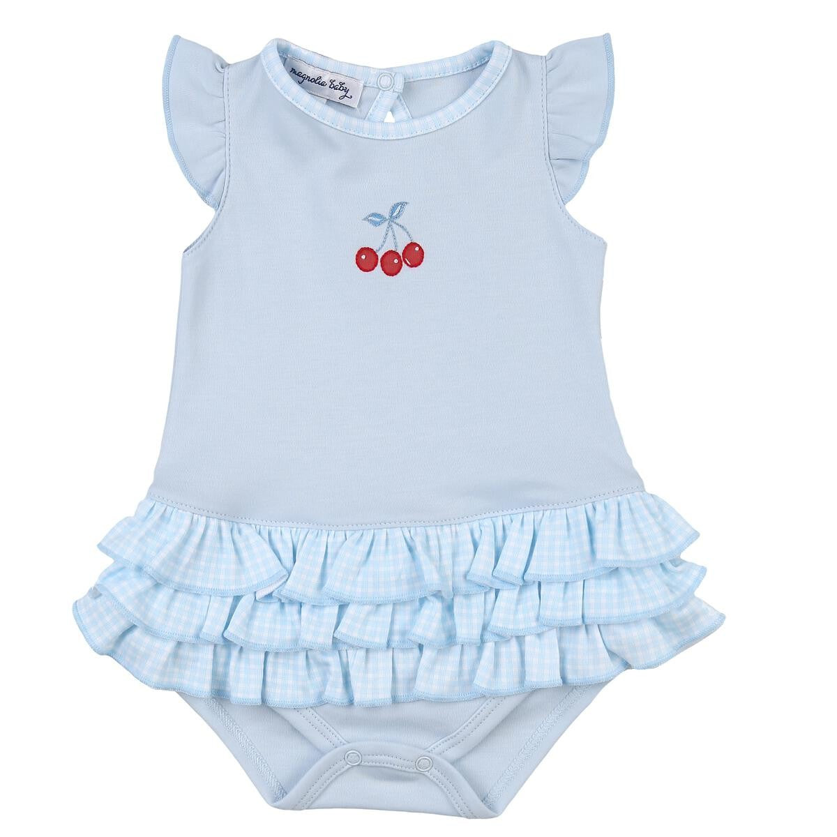 Magnolia Baby Girls Light Blue Sweet Cherries Embroidered Ruffle Flutters Bubble