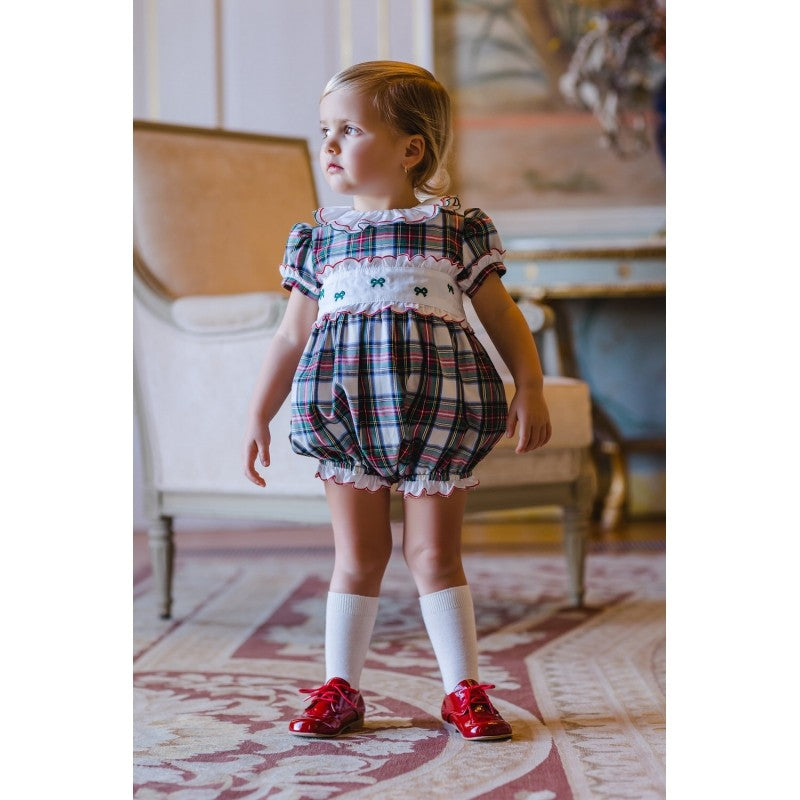 Sal & Pimenta Girls Bubble - Red Mistletoe Holiday Plaid with Embroidered Green Bows