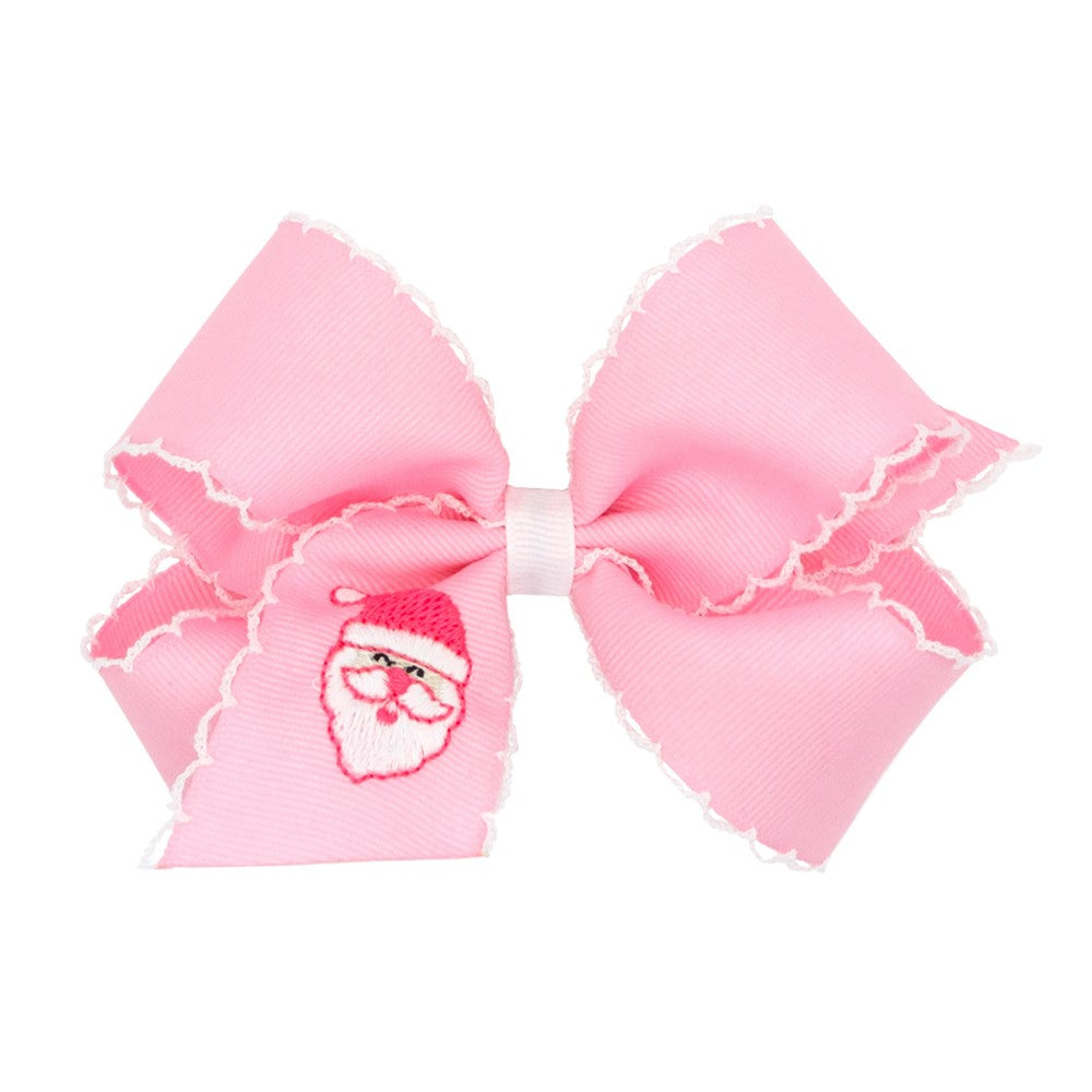 Wee Ones Girls Hair Bow - Embroidered Santa Face on Pink Bow