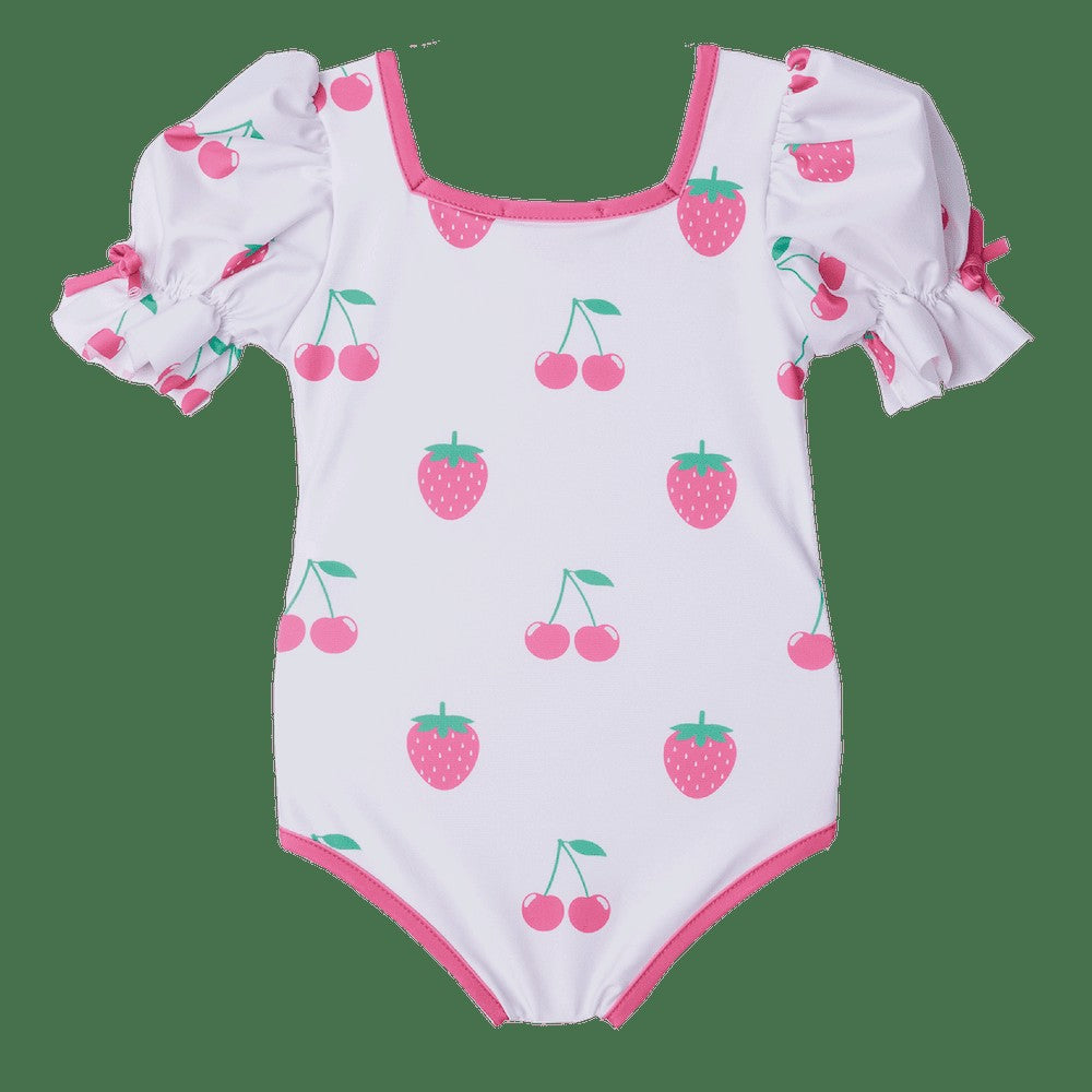 Sal & Pimenta Girls Swimsuit - Pink Jam Berries Print - Puffy Sleeves by Sal & Pimenta