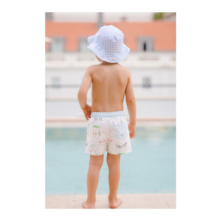 Sal & Pimenta Boys Swim Trunks - Blue Gingham Pocket on Back - Safari Animals
