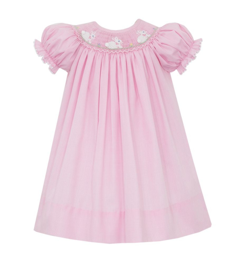 Petit Bebe Girls Pink Micro Check Bishop Dress - Smocked White Bunnies