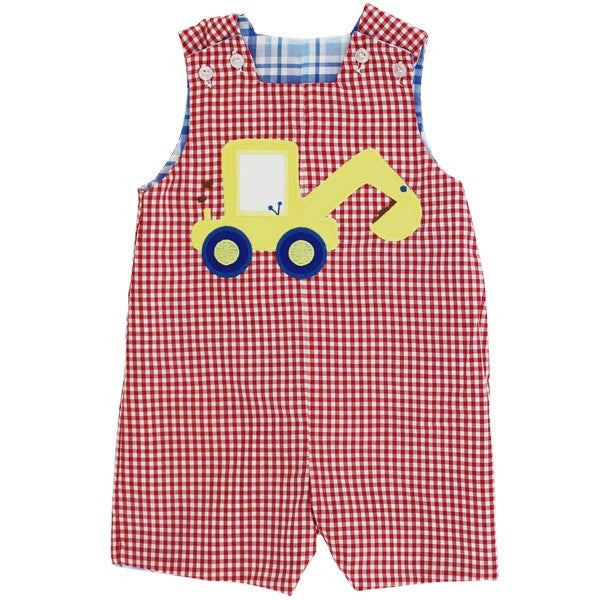 Bailey Boys Reversible Jon Jon - Blue Plaid with Puppy Dog - Reverses to Red with Yellow Bulldozer by Bailey Boys