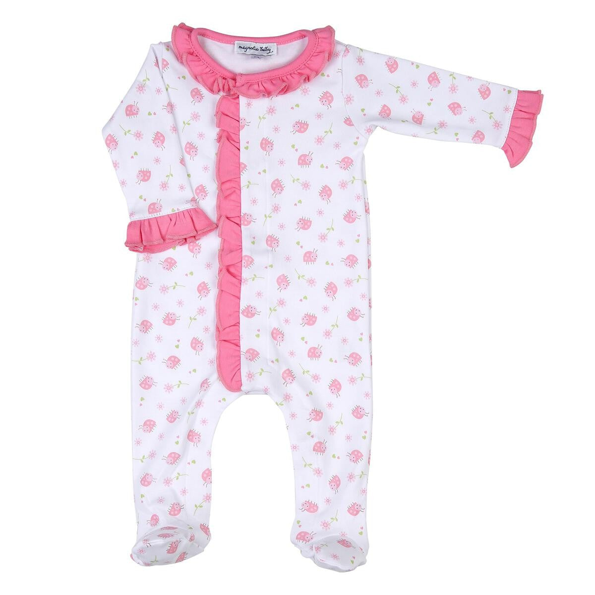 Magnolia Baby Girls Pink Little Love Bug Printed Ruffle Front Footie