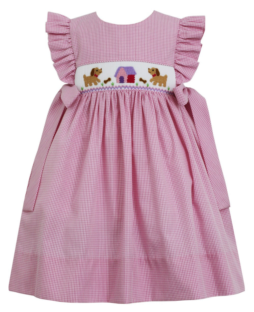 Petit Bebe Baby / Toddler Girls Pink Check Smocked Puppy House Dress - Bows at Sides