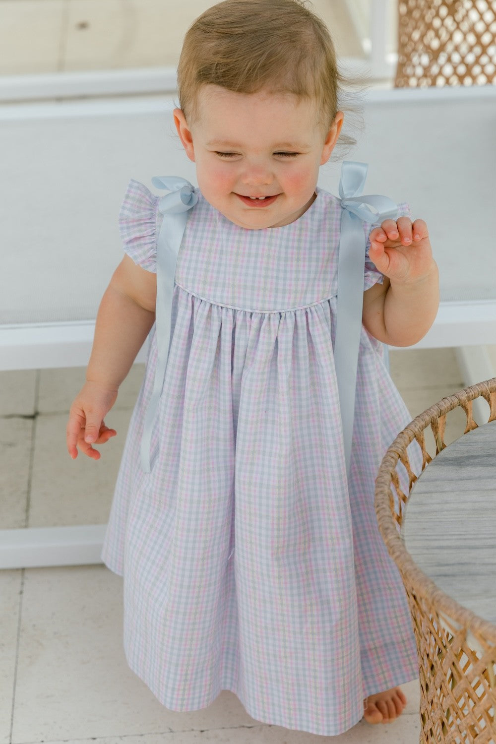 Bailey Boys Girls Float Dress - Primrose Plaid - Blue Bows at Shoulders