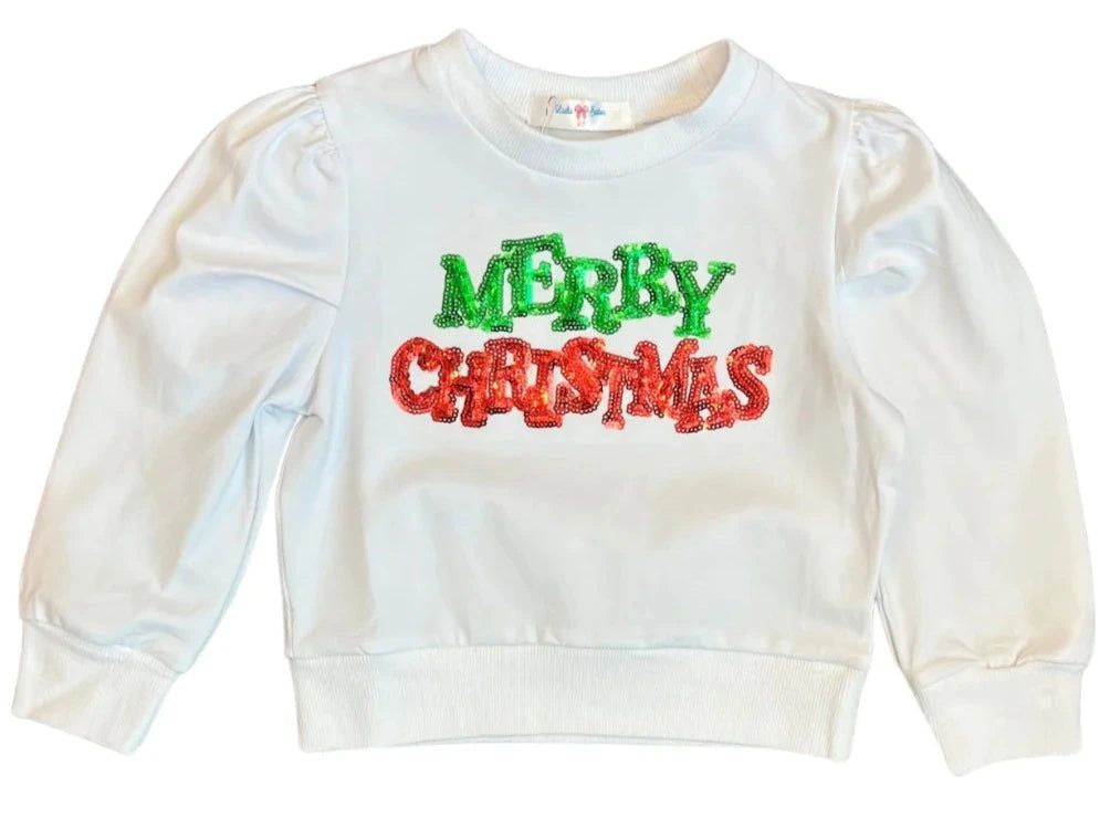 LuLu BeBe Girls Merry Christmas Sequins Puff Sleeve Top - White by LuLu BeBe