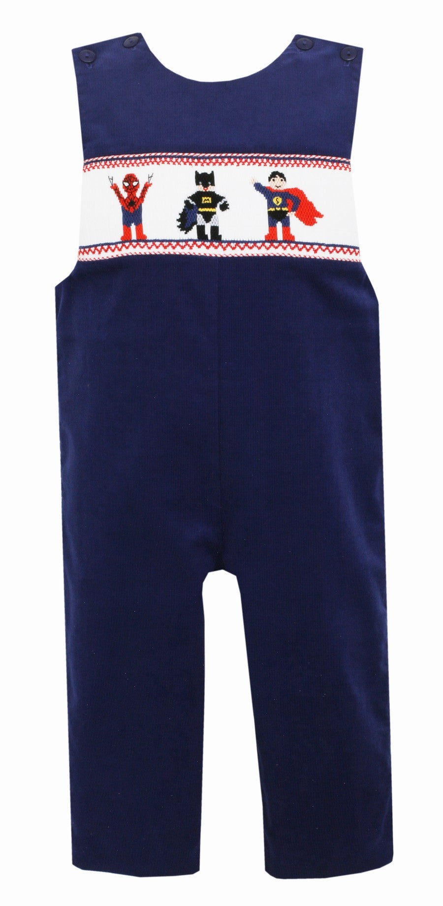Anavini Toddler Boys Navy Blue Corduroy Smocked Super Heroes Longall