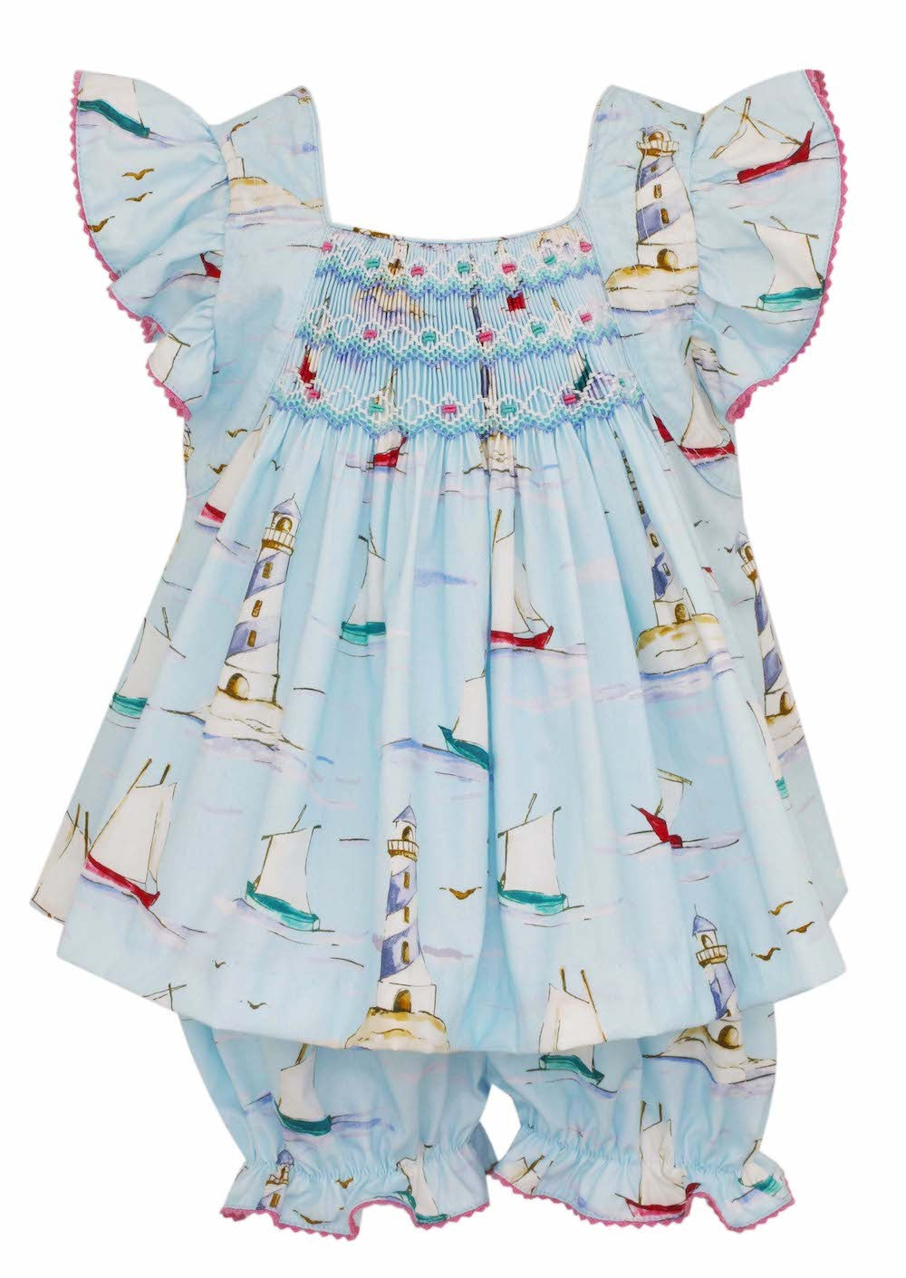 Anavini Baby / Toddler Girls Light Blue Sailboat Print Smocked Bloomers Set