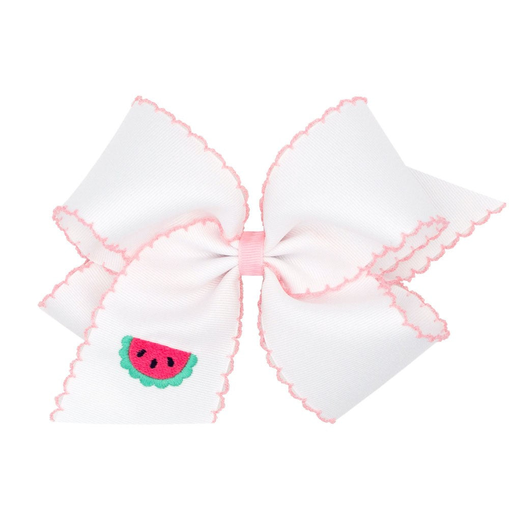 Wee Ones Girls Hair Bow - White with Light Pink Moonstitch - Embroidered Pink Watermelon by Wee Ones