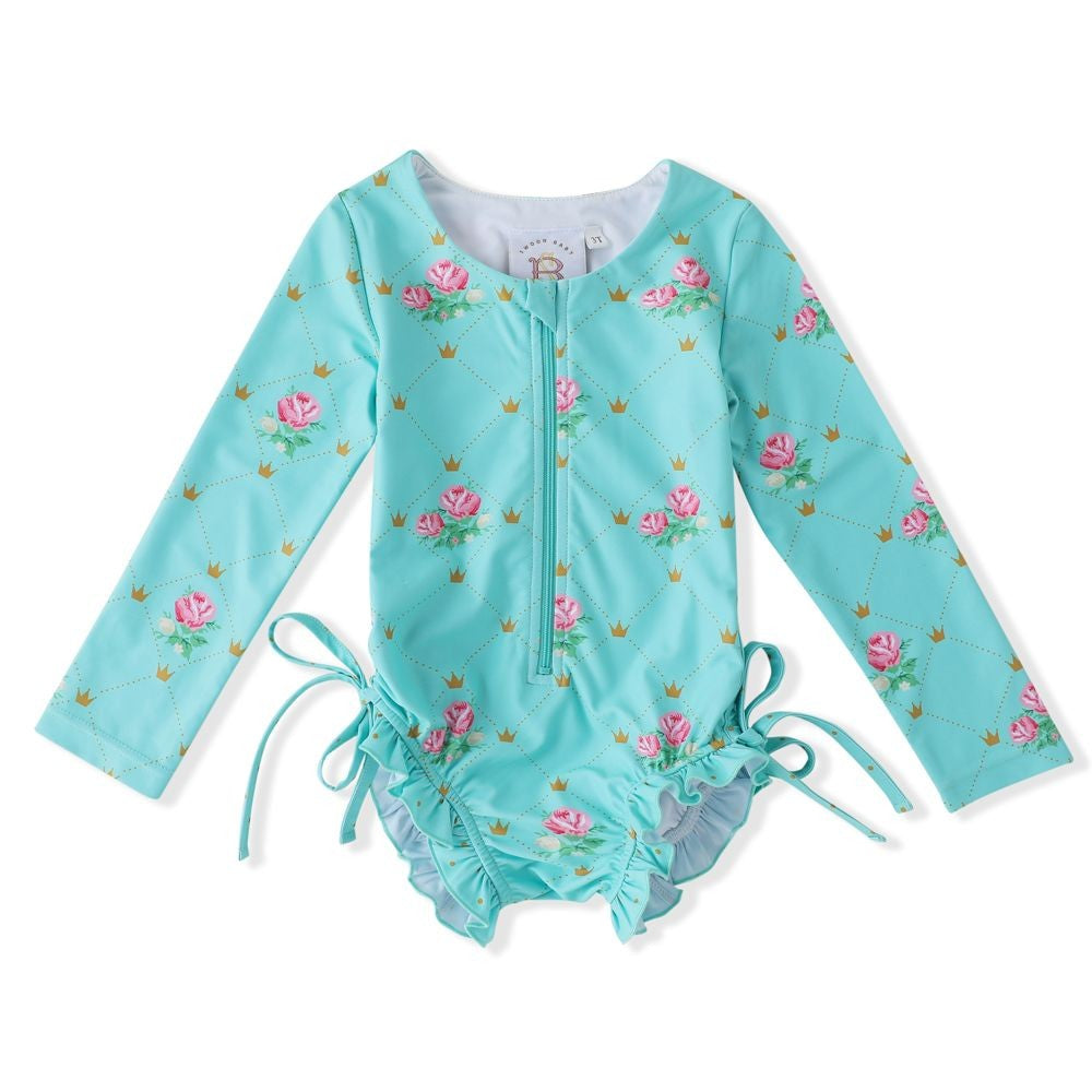 Swoon Baby Girls UPF 50 Zip Front Rash Guard Swimsuit - Aqua with Pink Flowers