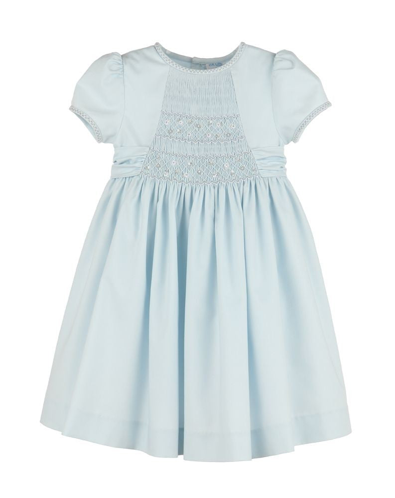 Luli & Me Girls Silverstone Flowers Blue Dress - Smocked Bodice - Sash