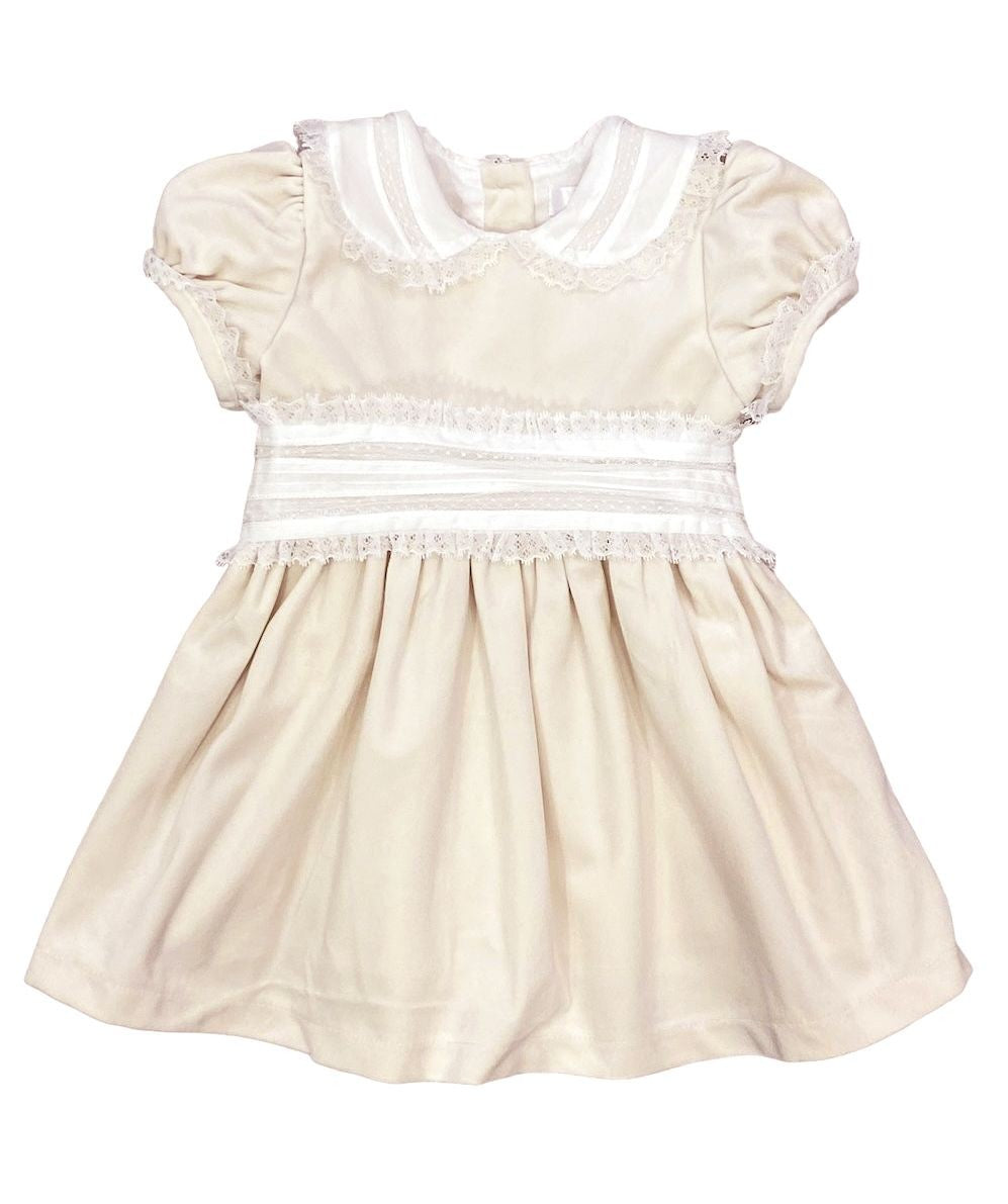 LuLu BeBe Girls Velvet Dress with Lace Collar & Cummerbund - Ivory