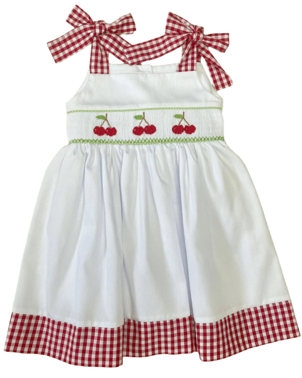 LuLu BeBe Girls White Smocked Cherry Sun Dress with Ties - Red Check Hem 5 LuLu BeBe Girls White Smocked Cherry Sun Dress with Ties - Red Check Hem 5