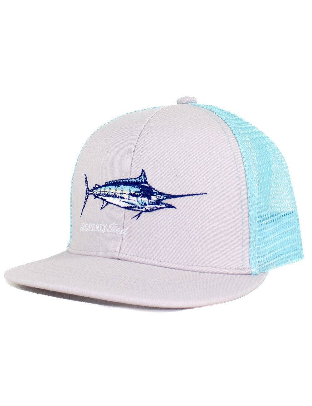 Properly Tied Boys Trucker Hat - White & Aqua with Swordfish by Properly Tied