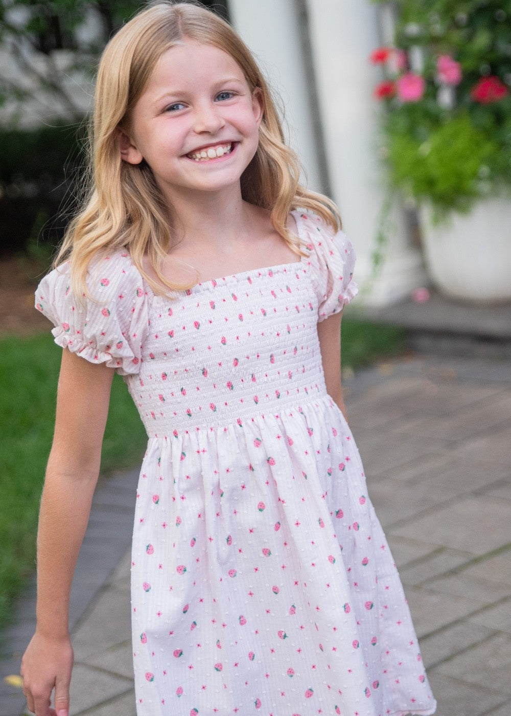 Be Elizabeth by James & Lottie Girls Strawberry Swiss Dot Dress - Smocked