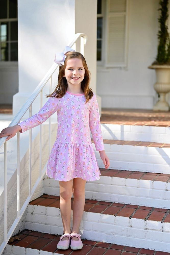 James & Lottie Girls Loren Drop Waist Dress - Pink Halloween Ghosts