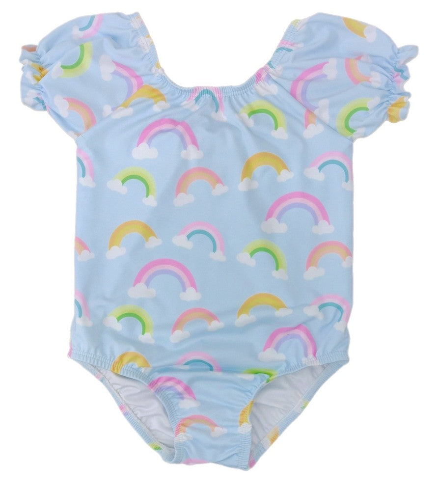 James & Lottie Girls Ramsey Swimsuit - Blue Rainbows - Puff Sleeves - Pink Bow on Back