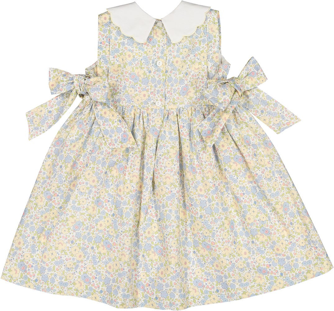 Sal & Pimenta Girls Dress - Blue & Yellow Cupcakes Floral - Scallop Collar & Side Bows