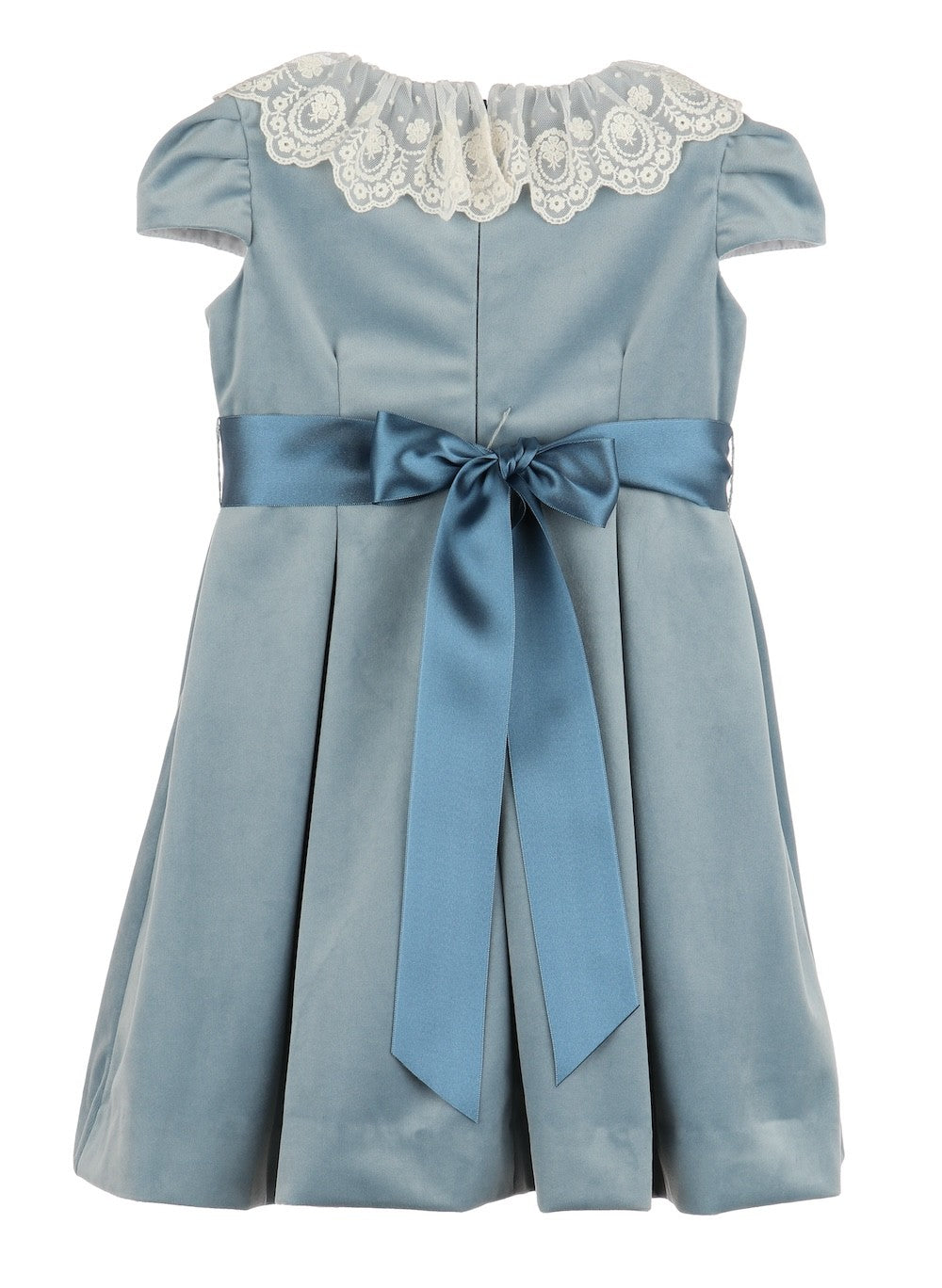 Luli & Me Girls Deluxe Velvet Dress - Lace Collar - Ribbon Sash - French Blue