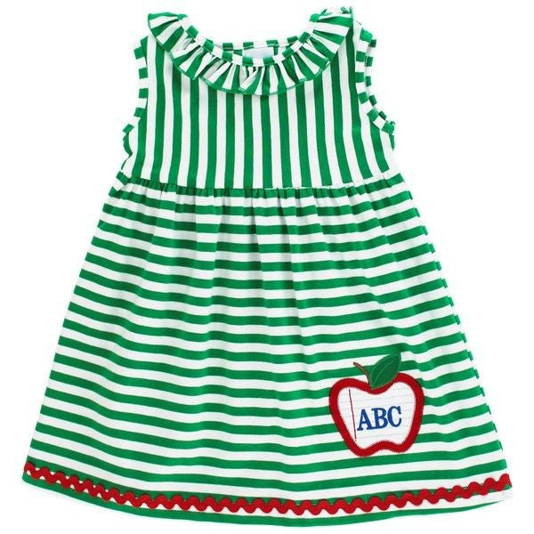 Bailey Boys Girls Knit Dress - Green Stripes with ABC School Apple