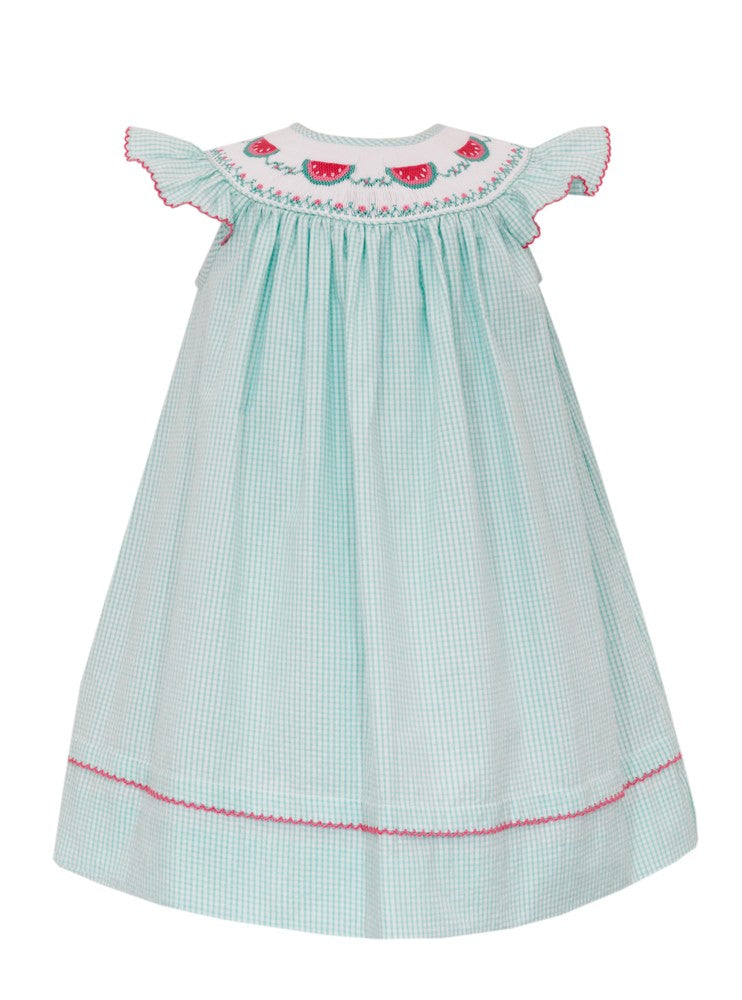 Anavini Girls Aqua Check Seersucker Smocked Watermelon Dress - Bishop