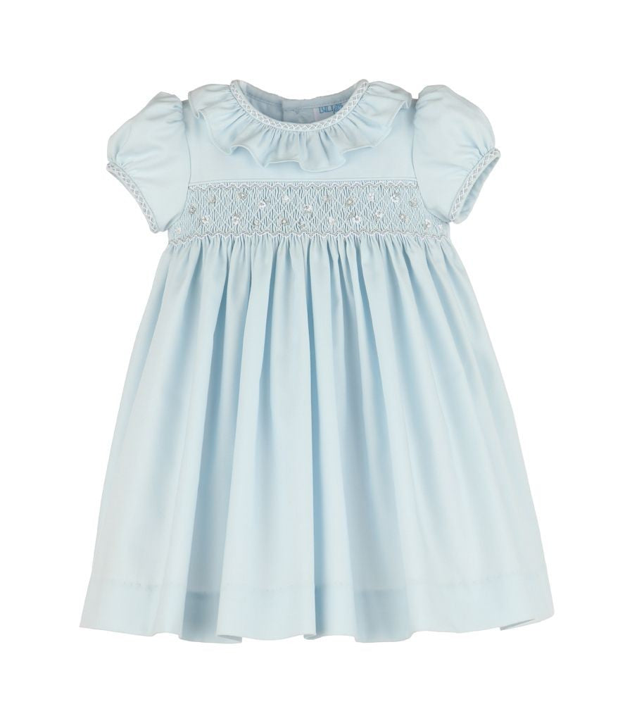 Luli & Me Girls Silverstone Flowers Blue Smocked Dress - Ruffle Collar