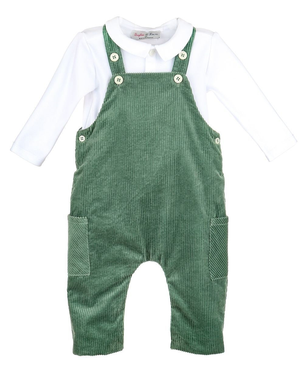 Sophie & Lucas Boys Comfy Cord Overall Set with Shirt - Bayleaf Green