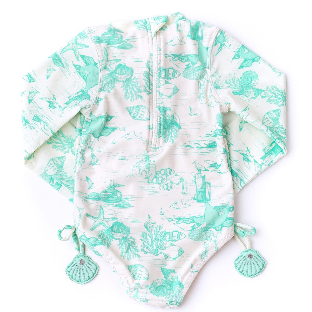 Shade Critters Girls One Piece Long Sleeve Swimsuit - Aqua Mermaid Toile