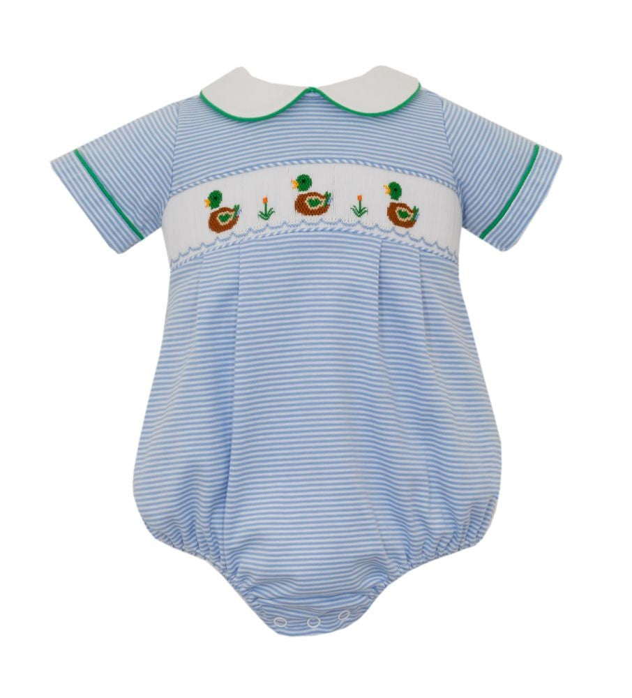 Petit Bebe Knits Baby Boys Blue Stripe Bubble - Smocked Mallard Ducks