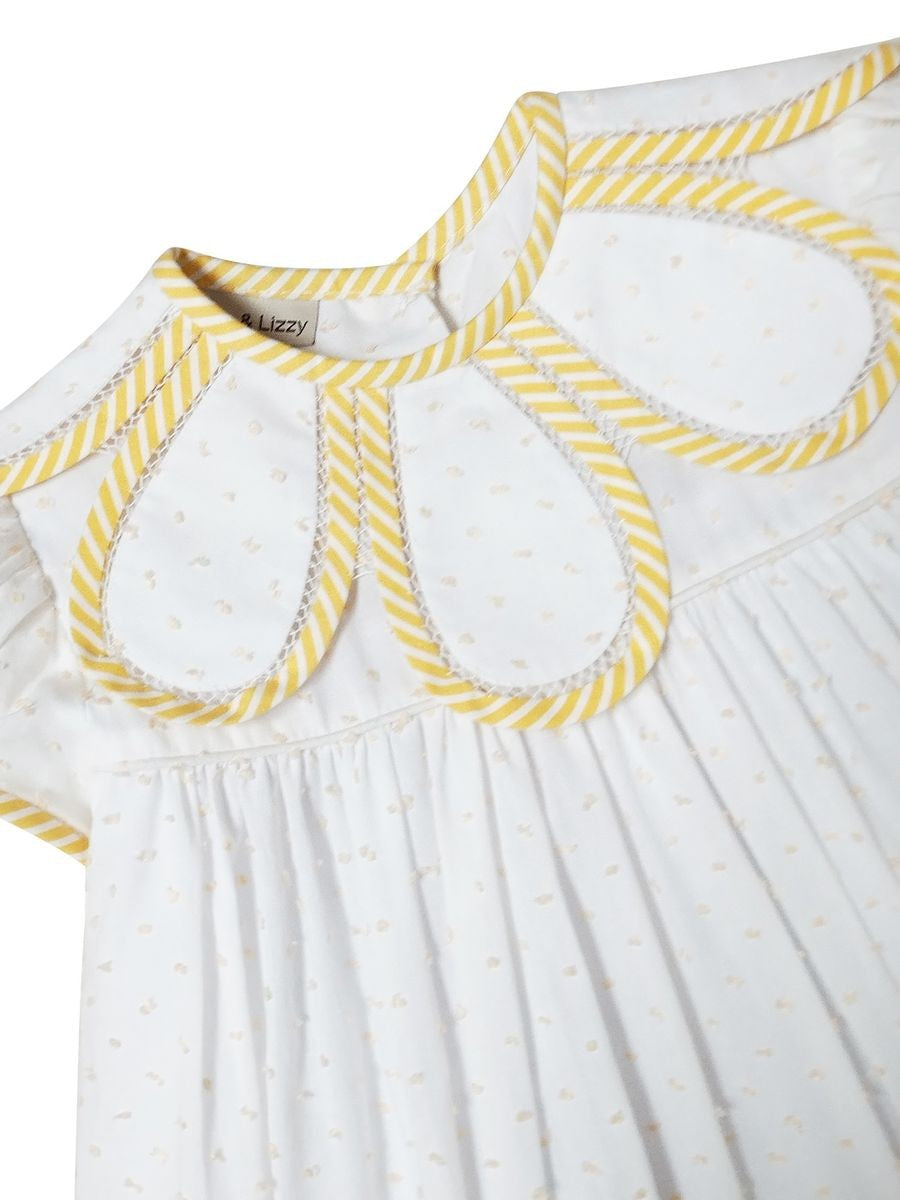 Marco & Lizzy Girls White Dotted Swiss Dress - Yellow Trim Petal Collar