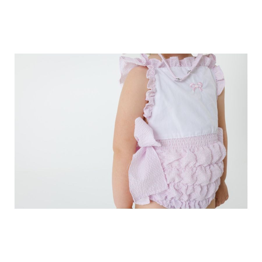 Sal & Pimenta Girls Pink Seersucker Frilled Swimsuit - Embroidered Bow & Bows at Hips