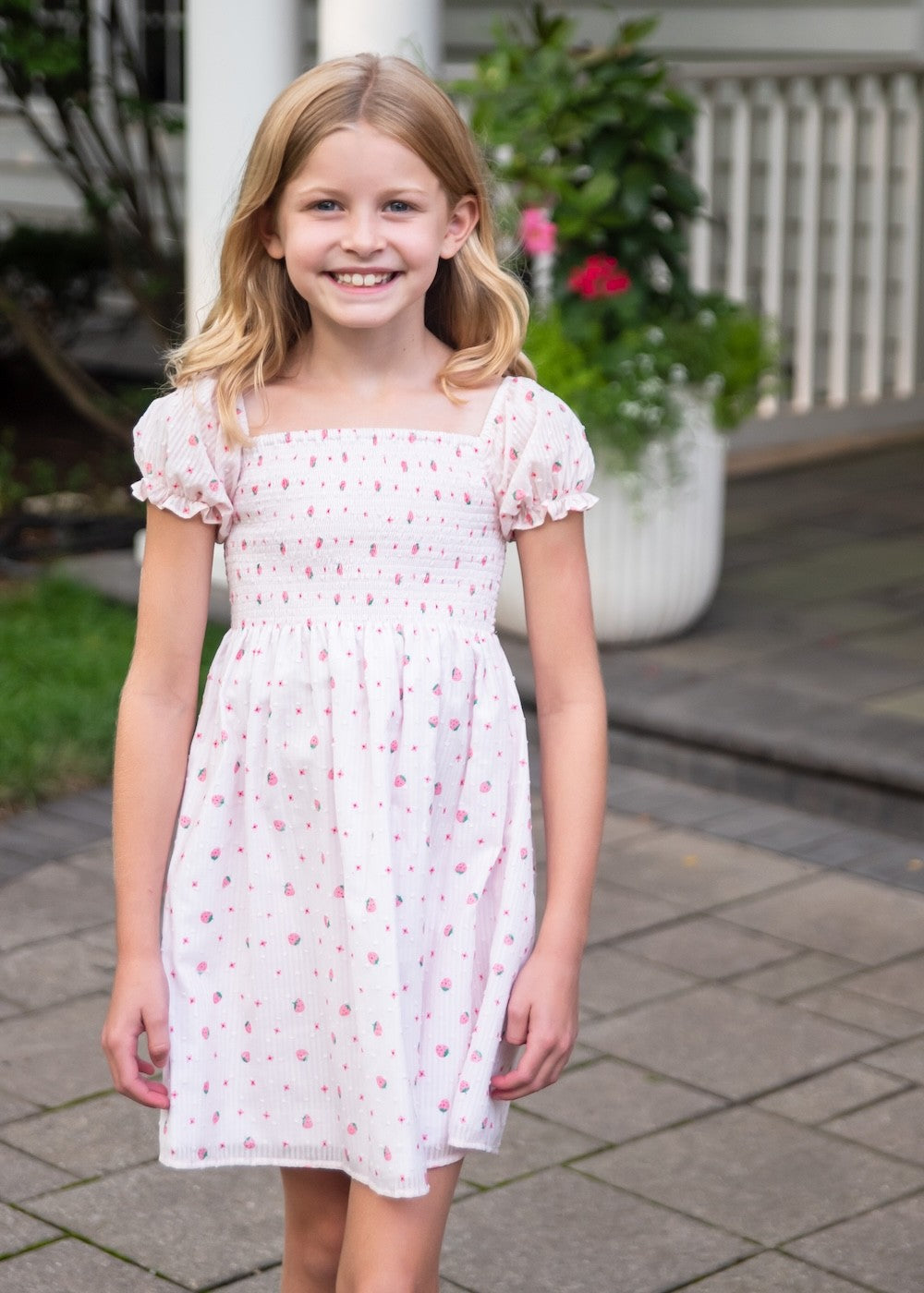 Be Elizabeth by James & Lottie Girls Strawberry Swiss Dot Dress - Smocked