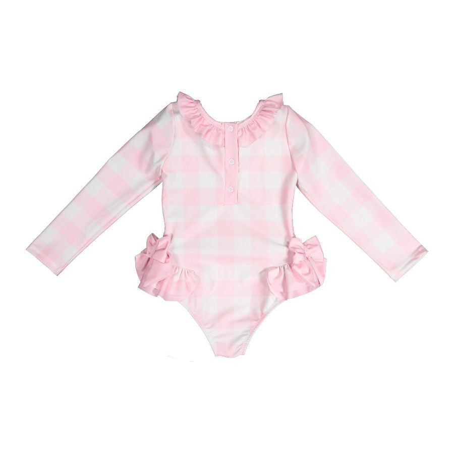 Sal & Pimenta Girls Swimsuit - Buffalo Check - Pink - Rashguard with Pink Bows at Hips