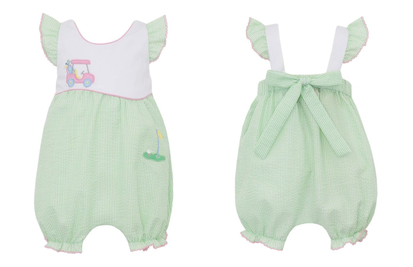Claire & Charlie Baby Girls Green Stripe Seersucker Romper - Golf Cart by Claire & Charlie