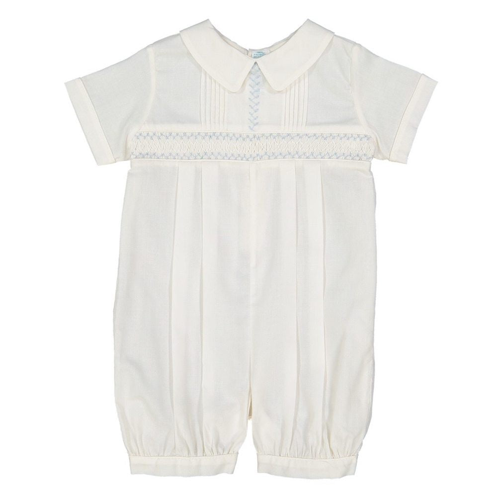 Feltman Brothers Baby Boys Ivory Vintage Romper - Smocked in Blue
