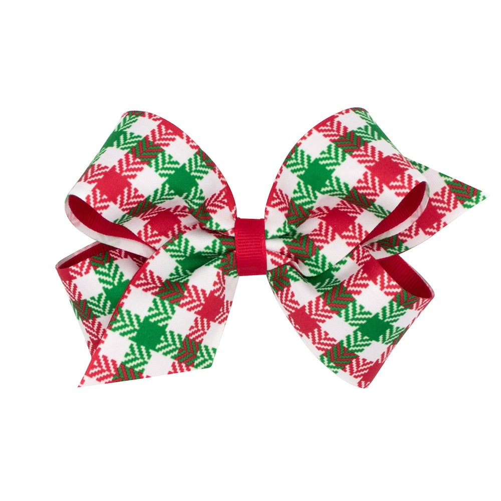 Wee Ones Girls Hair Bow on Clip - Red & Green Christmas Houndstooth Plaid
