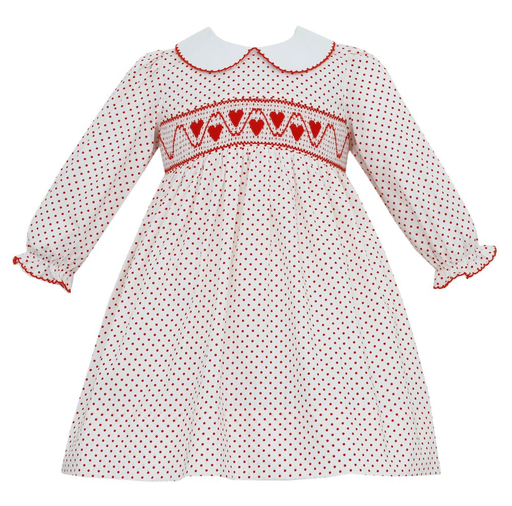 Petit Bebe Baby Girls Red Dots Dress - Smocked Valentine Sweet Hearts - Long Sleeved with Collar