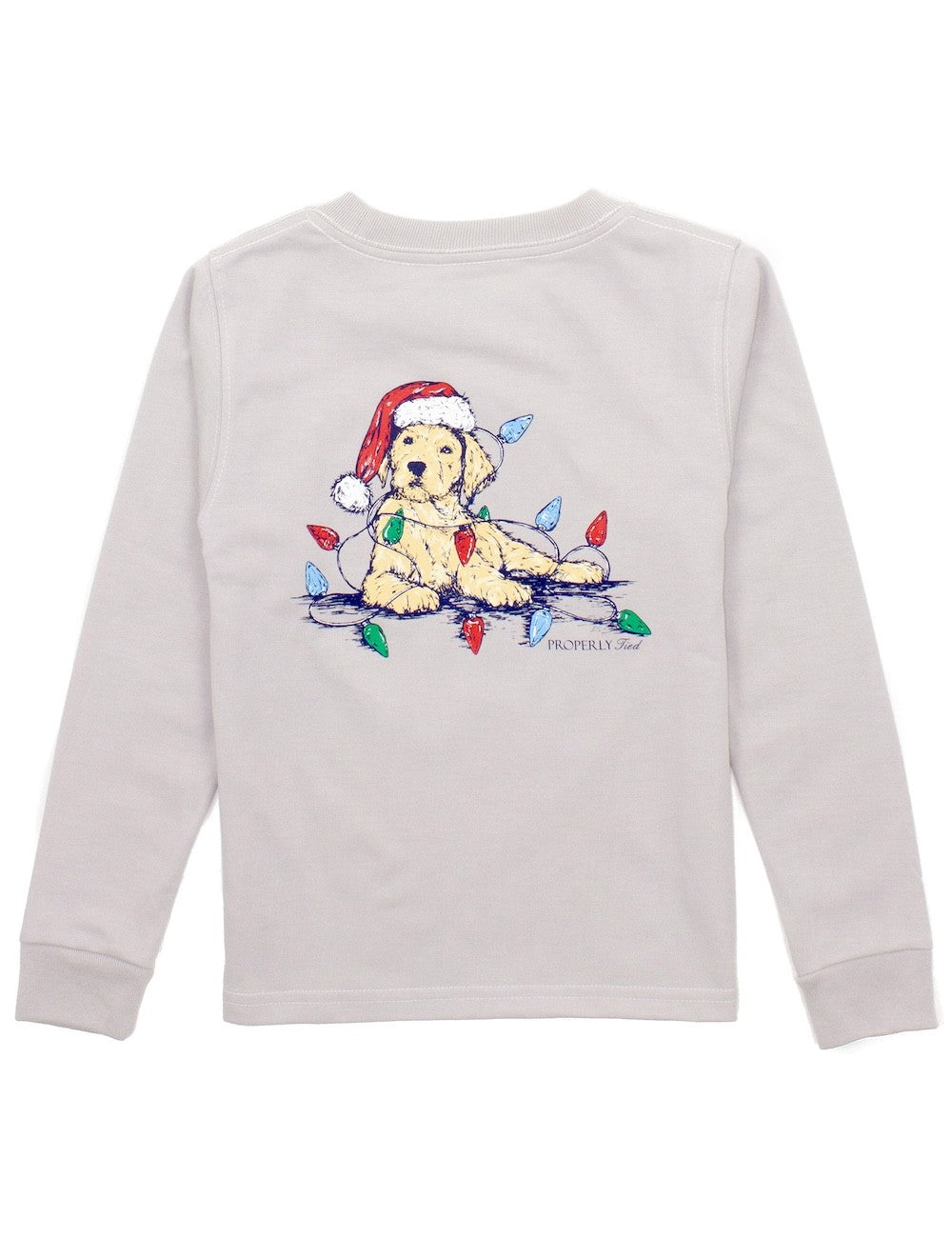 Properly Tied Boys Shirt - Logo Pocket on Front - Back Graphic - Santa Paws Puppy Dog on Ice Grey