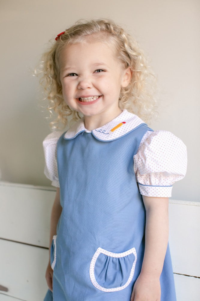 Peggy Green Girls Ella Jumper Dress - Atlantic Blue with Red Dot Trim Pockets by Peggy Green